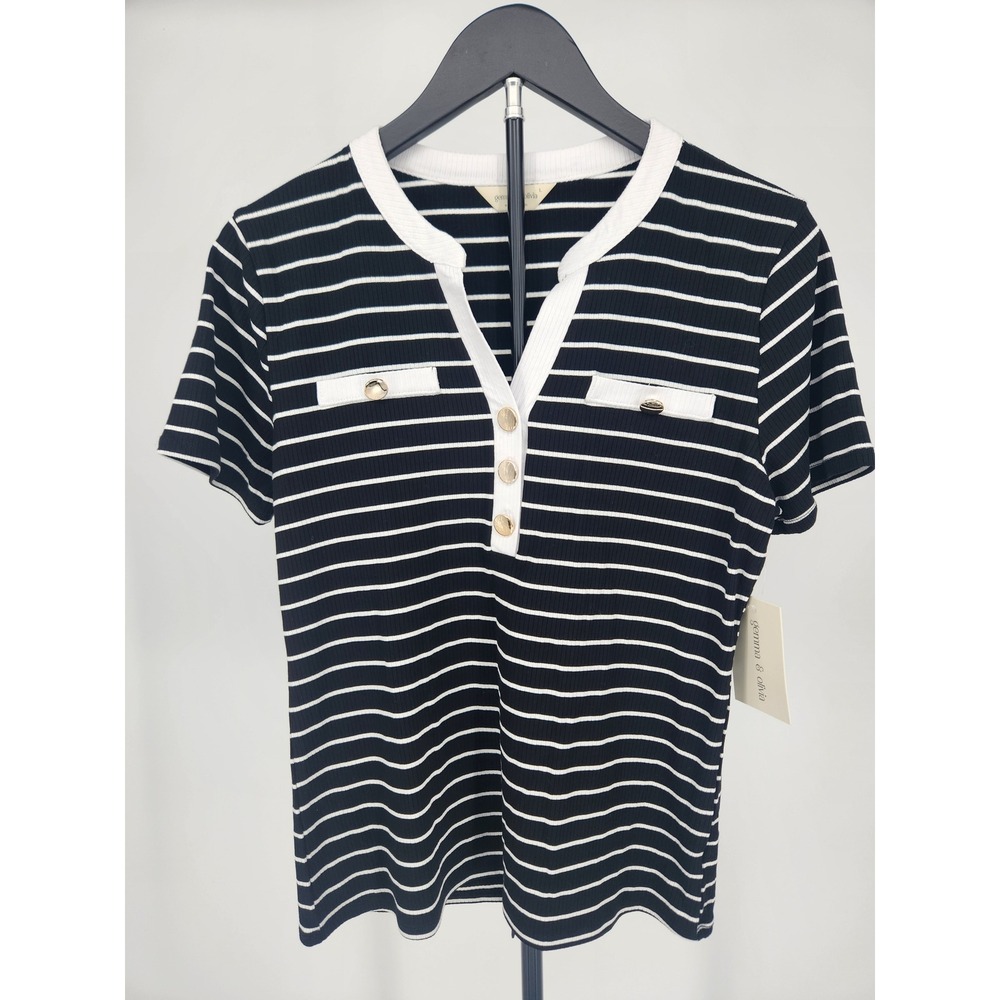 Gemma & Olivia Womens Striped Ribbed Knit Top Short Sleeve Button V-Neck Black L